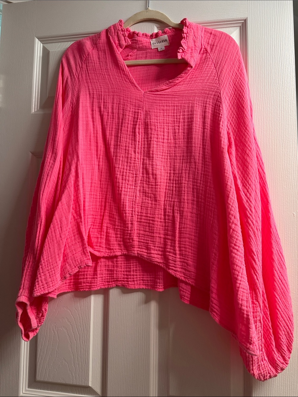 Celeste Neon Pink Crinkle Ruffle V-Neck Tunic